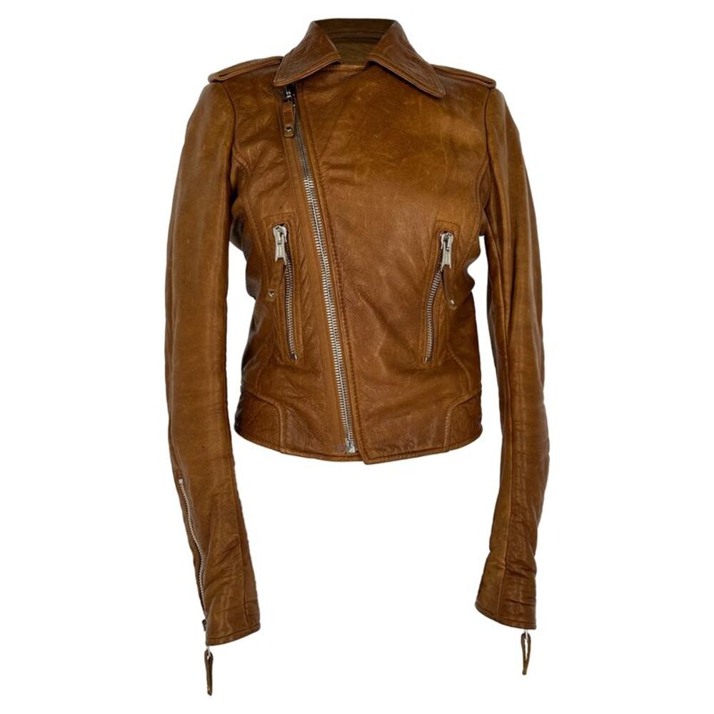Balenciaga Zip-Up Biker Jacket in Brown Lambskin Leather